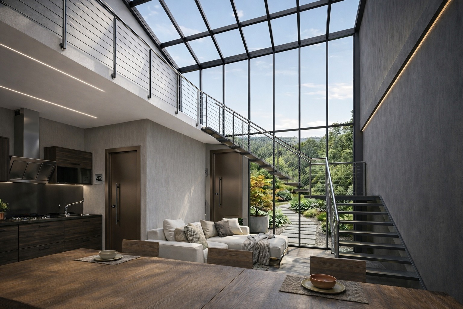 Vista complessiva dell’open space con vetrata a tutta altezza