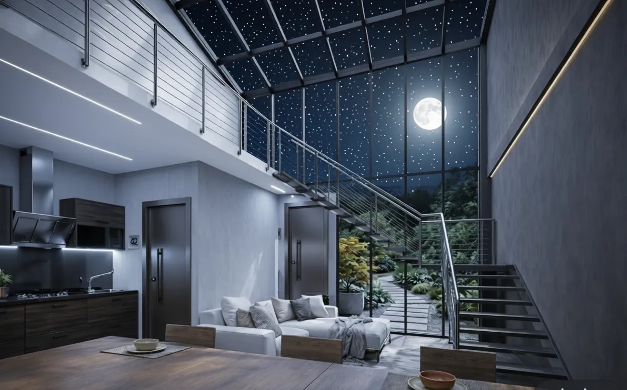 Living serale con cielo stellato e luna piena