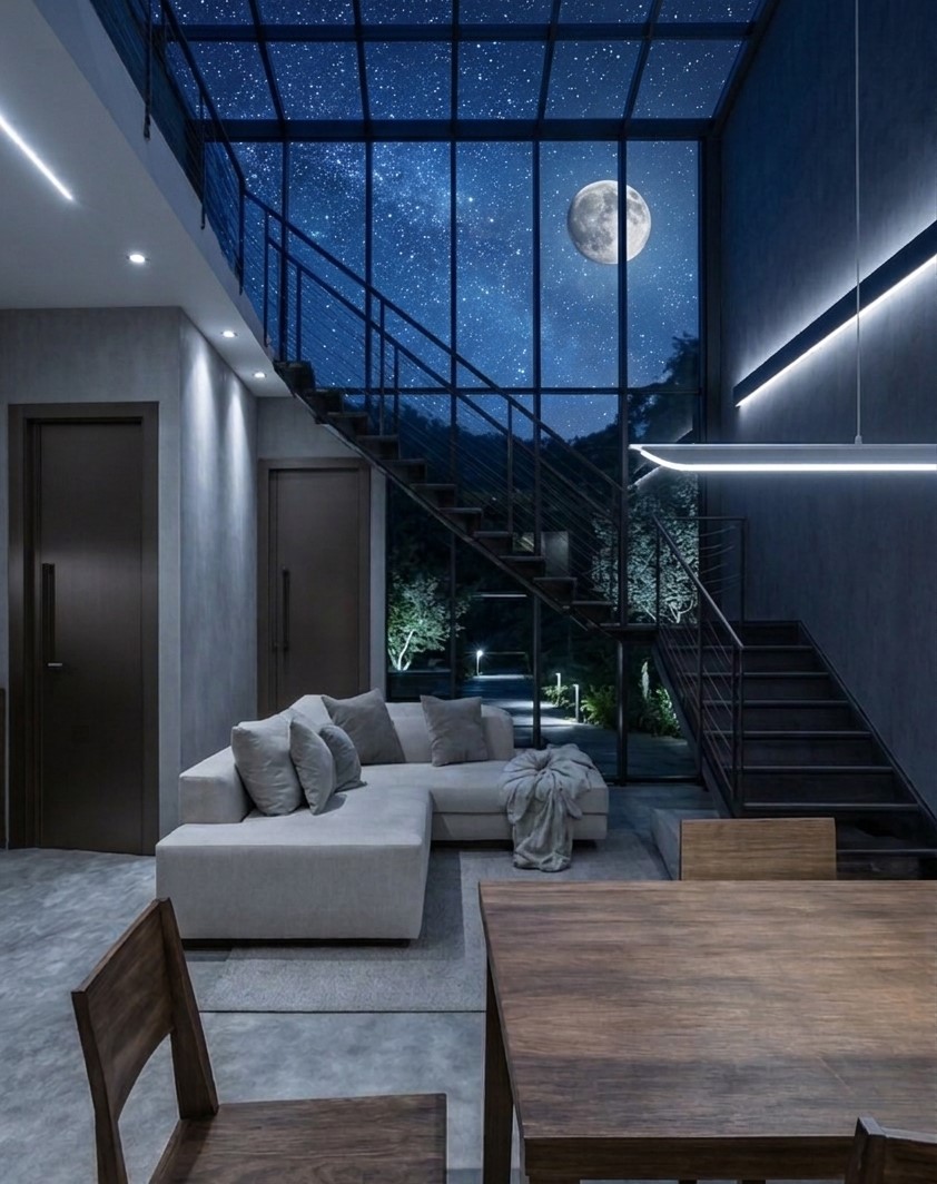 Vista dall’alto su tavolo da pranzo e living