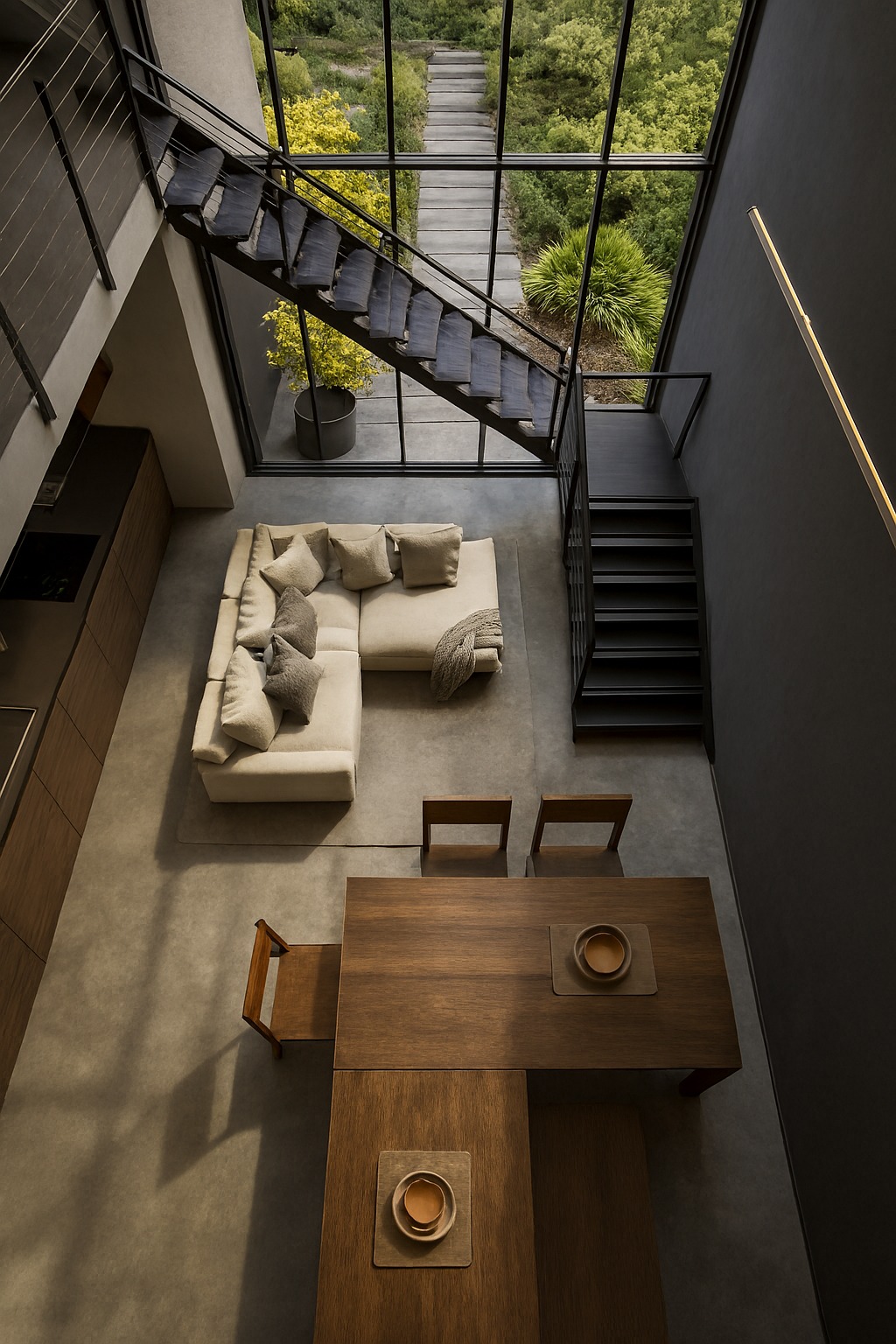 Dettaglio della zona living con divano e scala metallica