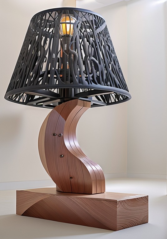 Lampada in legno curvato e metallo traforato
