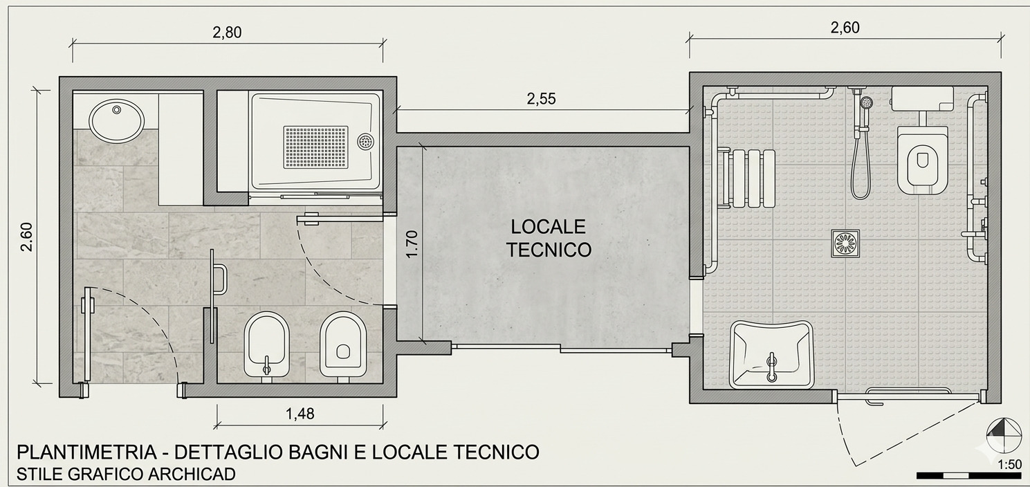 Planimetria bagni e locale tecnico